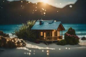 ein Miniatur Haus auf das Strand mit ein Berg im das Hintergrund. KI-generiert foto