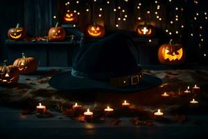 ein Hexe Hut und Kürbisse umgeben durch Kerzen. KI-generiert foto