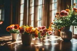 Blumen im Vasen auf ein Tabelle im Vorderseite von ein Fenster. KI-generiert foto