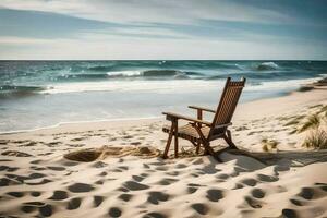 ein Stuhl sitzt auf das Sand in der Nähe von das Ozean. KI-generiert foto