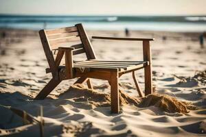 ein hölzern Stuhl sitzt auf das Strand in der Nähe von das Ozean. KI-generiert foto