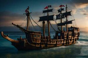 ein Pirat Schiff im das Ozean beim Sonnenuntergang. KI-generiert foto