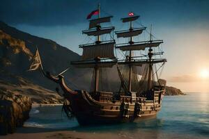 ein Pirat Schiff ist schwebend im das Ozean. KI-generiert foto