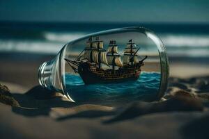 ein Schiff im ein Flasche auf das Strand. KI-generiert foto