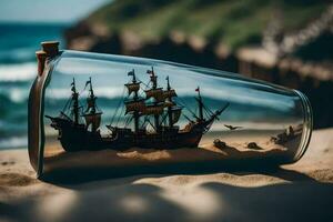 ein Schiff im ein Flasche auf das Strand. KI-generiert foto