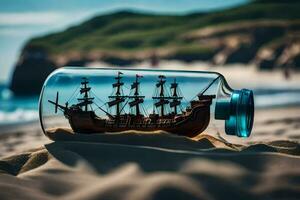 ein Schiff im ein Flasche auf das Strand. KI-generiert foto