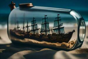 ein Schiff im ein Flasche auf das Strand. KI-generiert foto