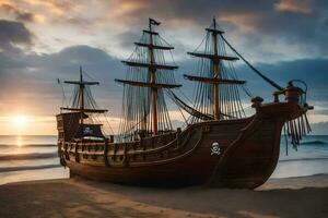 ein Pirat Schiff sitzt auf das Strand beim Sonnenuntergang. KI-generiert foto
