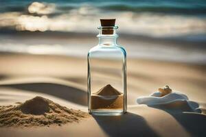 Botschaft im ein Flasche, Sand, Strand, Sand, Strand, Sand, Strand, Strand,. KI-generiert foto