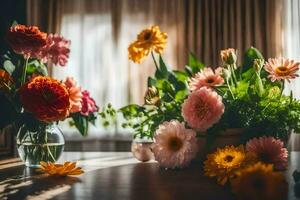 Blumen im Vasen auf ein Tabelle im Vorderseite von ein Fenster. KI-generiert foto