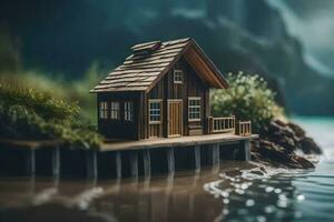 ein klein hölzern Haus auf ein Dock im das Wasser. KI-generiert foto