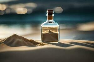 ein Botschaft im ein Flasche auf das Strand. KI-generiert foto