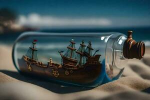 Schiff im ein Flasche, Sand, Strand, Sand, Sand, Strand, Sand, Strand,. KI-generiert foto