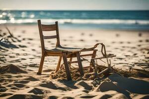 ein Stuhl auf das Strand mit ein Seil gebunden zu Es. KI-generiert foto