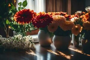 Blumen im Vasen auf ein Tabelle im Vorderseite von ein Fenster. KI-generiert foto