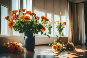 Blumen im Vasen auf das Fußboden im Vorderseite von ein Fenster. KI-generiert foto
