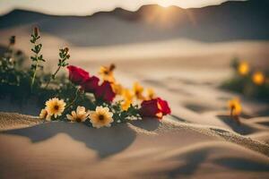 Blumen im das Wüste beim Sonnenuntergang. KI-generiert foto