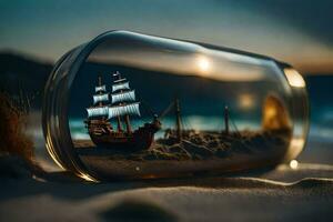 Schiff im ein Flasche, Strand, Sand, Sonnenuntergang, Sonnenuntergang, Schiff, Schiff im ein Flasche. KI-generiert foto