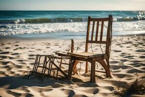 ein Stuhl und ein Schemel auf das Strand in der Nähe von das Ozean. KI-generiert foto