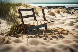 ein Stuhl sitzt auf das Sand in der Nähe von das Ozean. KI-generiert foto