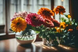 Blumen im ein Vase auf ein Tisch. KI-generiert foto