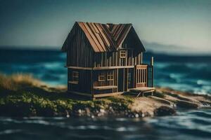 ein Miniatur Haus auf ein klein Insel durch das Ozean. KI-generiert foto