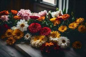 Blumen auf ein Fenster Schwelle. KI-generiert foto