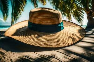 ein Hut auf das Strand mit Palme Bäume. KI-generiert foto