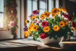 ein Vase von Blumen auf ein Tabelle im Vorderseite von ein Fenster. KI-generiert foto