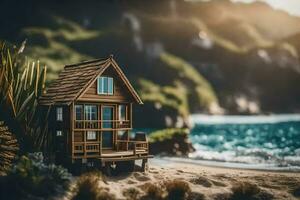 ein Miniatur Haus auf das Strand durch das Ozean. KI-generiert foto