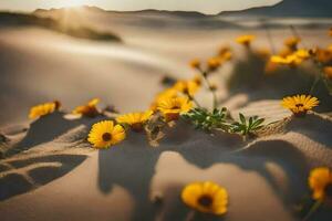 das Sonne ist leuchtenden auf das Wüste und das Blumen sind Blühen. KI-generiert foto