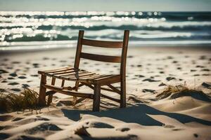 ein hölzern Stuhl sitzt auf das Strand in der Nähe von das Ozean. KI-generiert foto