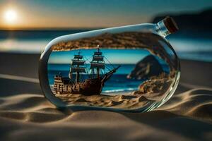 ein Schiff im ein Flasche auf das Strand. KI-generiert foto