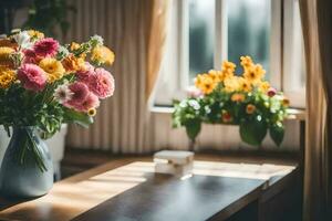 Blumen im ein Vase auf ein Tabelle in der Nähe von ein Fenster. KI-generiert foto