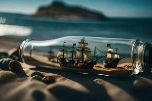 Schiff im ein Flasche, Strand, Sand, Sand, Strand, Sand, Strand, Sand,. KI-generiert foto