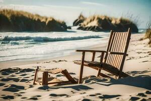 ein hölzern Stuhl und Fußbank auf das Strand. KI-generiert foto
