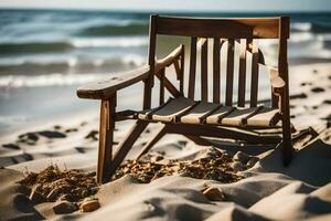 ein hölzern Stuhl sitzt auf das Sand in der Nähe von das Ozean. KI-generiert foto