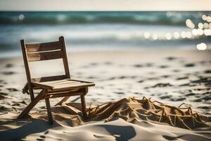 ein hölzern Stuhl sitzt auf das Sand in der Nähe von das Ozean. KI-generiert foto