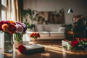 Blumen im Vasen auf das Fußboden im ein Leben Zimmer. KI-generiert foto