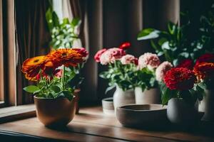 Blumen im Vasen auf ein Fensterbrett. KI-generiert foto