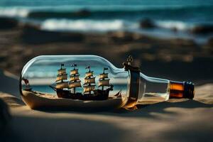 Schiff im ein Flasche auf das Strand. KI-generiert foto