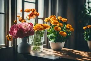 Blumen im Vasen auf ein Tabelle in der Nähe von ein Fenster. KI-generiert foto