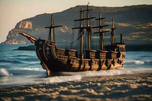 ein Modell- Pirat Schiff auf das Strand. KI-generiert foto