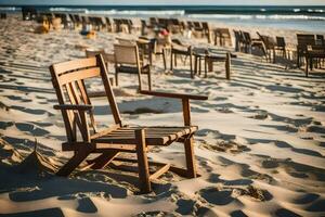 ein Stuhl sitzt auf das Strand in der Nähe von leeren Stühle. KI-generiert foto