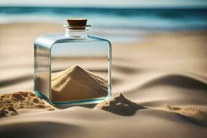 ein Flasche von Sand auf das Strand mit ein Pyramide innen. KI-generiert foto