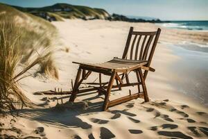 ein hölzern Stuhl sitzt auf das Strand in der Nähe von das Ozean. KI-generiert foto