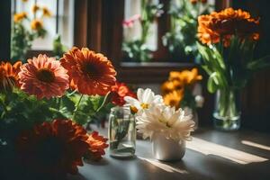 Blumen im Vasen auf ein Tabelle in der Nähe von ein Fenster. KI-generiert foto