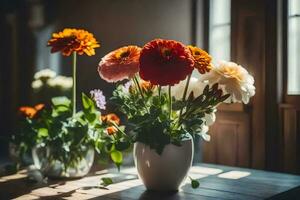 Blumen im ein Vase auf ein Tisch. KI-generiert foto