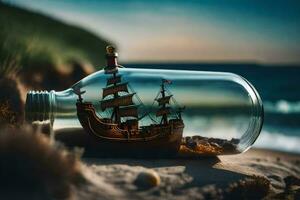 Schiff im ein Flasche, Strand, Sand, Sand, Strand, Sand, Strand, Sand,. KI-generiert foto