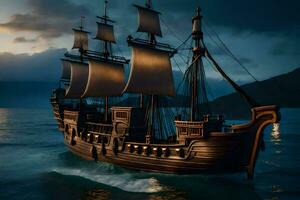 ein Pirat Schiff im das Ozean beim Dämmerung. KI-generiert foto